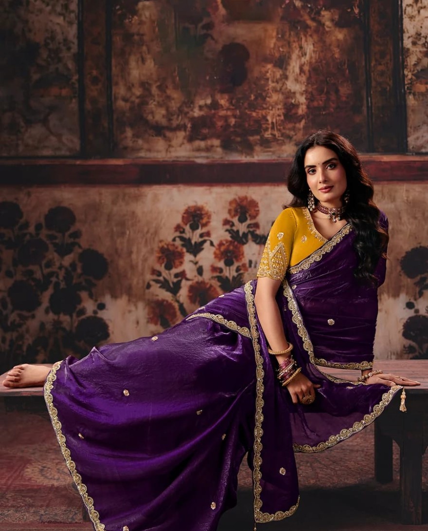 1009 - Purple & Yellow Designer Style Festive Wear Saree
